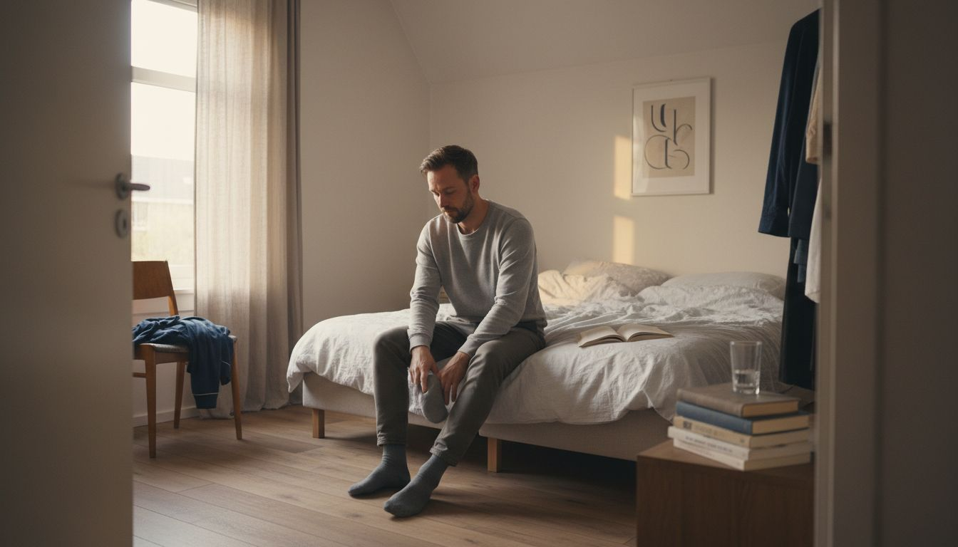 Een man maakt zich ’s avonds klaar om te gaan slapen in zijn slaapkamer.